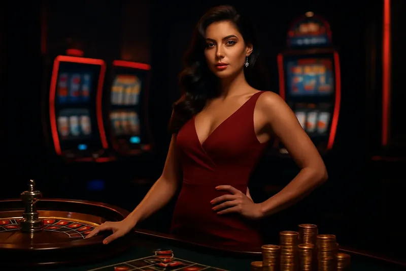 Beautiful woman in red dress standing confidently near roulette and slot machines with gold coins and poker chips in a luxurious Bangladesh casino setting