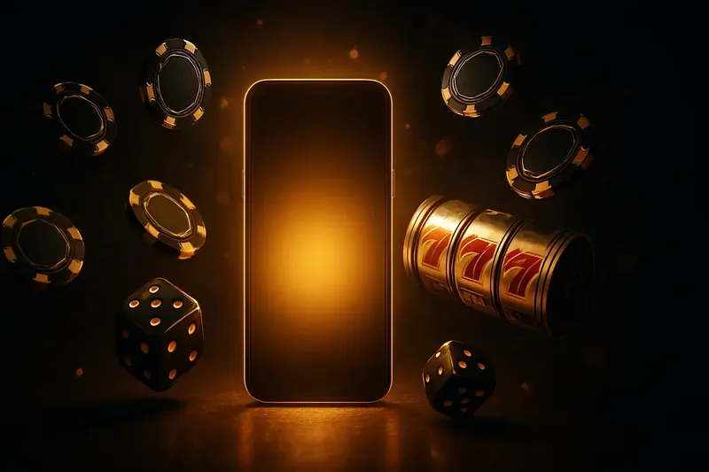 Glowing smartphone surrounded by casino chips, slot reels, and dice on a luxurious dark background